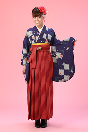紺×エンジ　しぼり市松袴レンタルセット